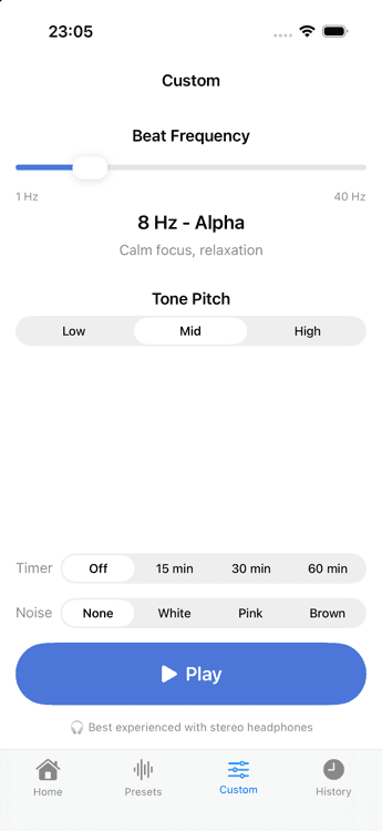 Synctone custom frequency screen