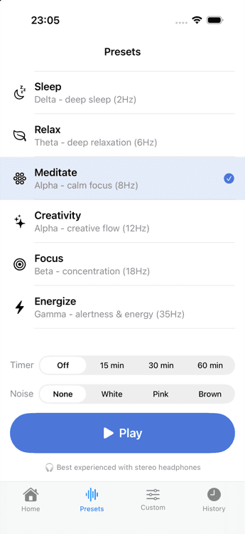 Synctone presets screen